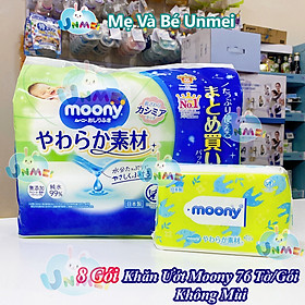 Set 8 Gói Khăn Ướt, Khăn Giấy ướt Moony Không Mùi 99% Nước Tinh Khiết 76 tờ/Gói, An Toàn Cho Trẻ Sơ Sinh