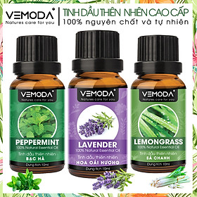 Tinh dầu thơm phòng cao cấp gồm 3 chai tinh dầu nguyên chất Vemoda: tinh dầu Oải hương Ấn (10ml) + ttinh dầu Sả chanh Ấn (10ml) + tinh dầu Bạc hà Ấn (10ml)