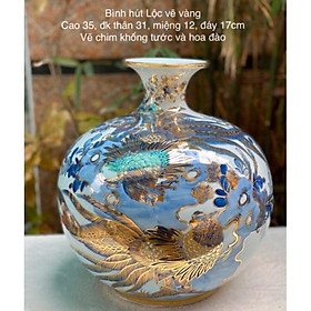 Bình hút tài lộc Gốm sứ Bát Tràng cao cấp Vẽ hoạ tiết chim khổng tước hoa đào cao 35cm