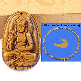 Mặt Phật A di đà đá mắt hổ 5 cm (size XL) kèm móc và dây chuyền inox vàng, Mặt Phật bản mệnh