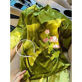 SET ÁO DÀI NHUNG XANH QUẦN XANH KÈM BỜM