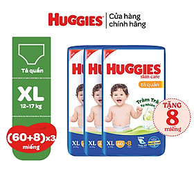 Thùng 3 gói Tã/bỉm quần HUGGIES SKINCARE gói M76+8/L68/XL60/XXL54 (M56/L48/XL40/XXL36+8) + 3 gói khăn ướt 80M