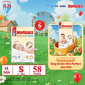 Tã/bỉm dán sơ sinh Huggies Skin Perfect S 54+4 miếng với 2 vùng thấm giảm kích ứng da