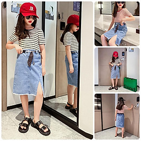 BV3 Size130-170 Set bộ bé gái, áo thun chân váy jean Thời trang trẻ Em hàng quảng châu