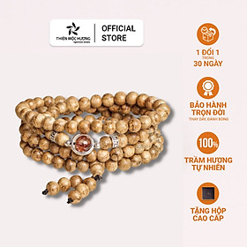 Vòng tay trầm hương 108 hạt Ngân Tú Bảo Indonesia vân hoa Thiên Mộc Hương, trầm tốc tự nhiên, vun đắp, bao bọc