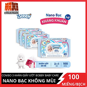 Combo Tiết Kiệm 3 Gói Khăn Ướt Bobby Care Không Hương 100 Tờ/Gói - Tặng 1 Gói Cùng Loại