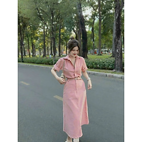 Set 3 món công sở áo sơ mi đai thắt và chân váy vải kaki sang trọng
