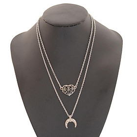 Moon Heart Pendant Choker Chain Charms Double Layer Clavicle Necklace Silver