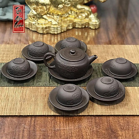 Mua Bộ Ấm Trà Đạo Tử Sa Bát Tràng Khắc Chìm Hoa Đào Thạch Biều (Dung tích 180ml)  AHS 22