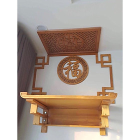Bàn thờ treo tường gỗ sồi phun sơn mầu vàng gỗ mít, tặng ám khói và chữ trang trí ốp lưng bàn thờ