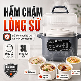 Nồi nấu chậm lòng sứ 3L Mishio MK397 kèm xửng hấp và 4 thố sứ tiện lợi không lo cháy khét hay bong tróc chống dính - Hàng chính hãng