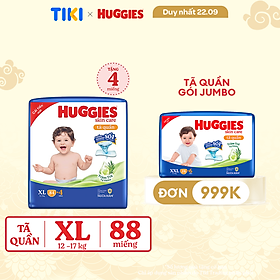 Tã/bỉm quần Huggies Skin Care Mega Jumbo XL84+4 miếng với tràm trà dịu da