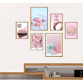 Bộ Tranh treo tường PHONG CÁCH BẮC ÂU NHẸ NHÀNG, SANG TRỌNG , tông hồng pastel kèm khung màu gỗ Tặng kèm khung và đinh ba chân treo tranh chuyên dụng PVP-TP231