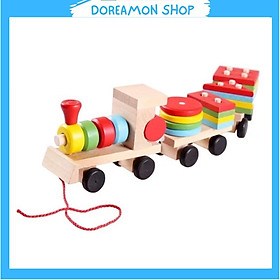 Đồ chơi tàu kéo khối gỗ, xe chở khối thả hình trụ cho bé. Doreamon Shop