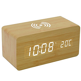 Đồng hồ báo thức kỹ thuật số bằng gỗ màn hình LED có sạc không dây 3 báo thức