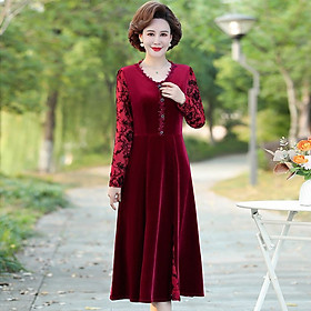 (HÀNG SẴN) Váy Nhung Dài Tay Mùa Thu Phối Ren Cho Mẹ VH90 - Hàng Quảng Châu Cao Cấp