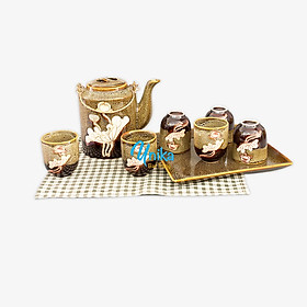 Mua Bộ ấm tích gấm vàng vẽ sen trắng tuyệt đẹp  1 5 lít- Bộ Ấm Chén Bát Tràng Cao Cấp