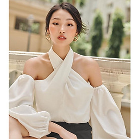QUẢNG CHÂU Áo cổ yếm, tay dài xinh xắn - Hai màu trắng và đen sang chảnh CAO CẤP