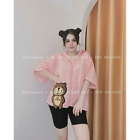 Sét bộ nữ áo sơ mi kẻ sọc tay lửng in hình bé gấu dễ thương phối quần lửng ngố ôm body xinh xắn thời trang nữ dạo phố