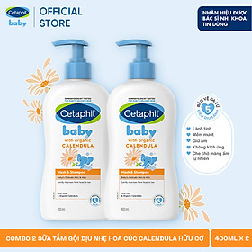 Combo 2 Sữa tắm gội dịu lành cho bé Cetaphil Baby Wash & Shampoo with Organic Calendula 400ml/chai