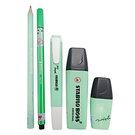 Combo 3 Bút Dạ Quang Stabilo Pastel (Xanh Lá Phấn) + Bút Lông Stabilo Pen68 Pn68-16 + Bút Chì Gỗ Stabilo Pastel Pc421G (Xanh Lá Pastel)