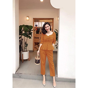 Sét nguyên bộ áo peplum tà xếp ly phối nút bọc xinh xắn