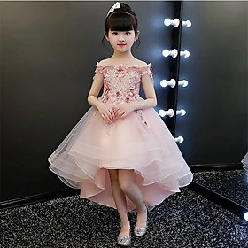 Đầm công chúa dự tiệc cho bé gái hồng ruốc vai thuyền đính cườm thân đuôi tôm DBG45 từ 2 3 4 5 6 7 8 9 10 tuổi nặng 10 12 đến 25 30 35 kg