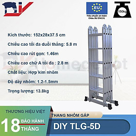 Thang nhôm gấp đoạn DIY TLG-5D chiều cao sử dụng chữ A 2.8m, chiều cao chữ I 5.8m, tải trọng 150kg