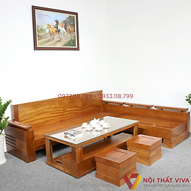 Mua Bộ Sofa Phòng Khách Gỗ Xoan Đào Góc L - 130 x 190 x 75cm / Bàn: 130 x 65 x 40cm / Ghế Băng: 240 x 64 x 75cm / Ghế đôn: 35 x 35 x 28cm (dài x rộng x cao)