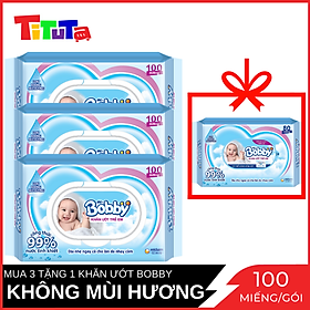 Combo Tiết Kiệm 3 Gói Khăn Ướt Bobby Care Không Hương 100 Tờ/Gói - Tặng 1 Gói Cùng Loại