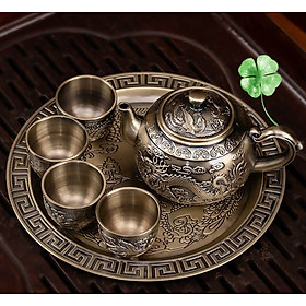BỘ ẤM CHÉN TRÀ BẰNG ĐỒNG GIẢ CỔ HỌA TIẾT RỒNG - VD95