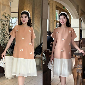 Đầm bầu đuôi cá đính nơ phối chân voan tơ sang chảnh chất cotton lạnh mát mẻ - Nâu