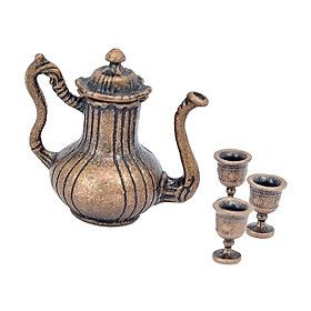 1:12 Dollhouse Mini Metal Flagon with Cups Craft Diorama Scenery Simulated Simulation Teapot Set for Miniature Scene DIY Projects Decoration