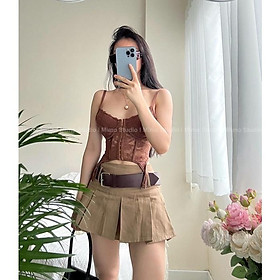 Bra corset lưng đan dây - Váy kaki nâu kèm belt