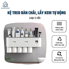 Giá treo bàn chải kem đánh răng kèm 5 cốc cho cả gia đình, bộ nhả kem đánh răng tự động lắp đặt dán tường - Hàng Chính Hãng - Tặng kèm sticker