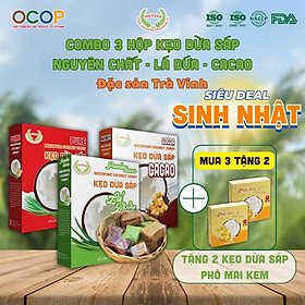 Combo 3 Kẹo dừa sáp VICOSAP vị cacao lá dứa kẹo mềm dẻo ít đường đặc sản Trà Vinh hộp 100g