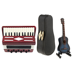 1:12 Guitar Accordion Wooden Miniature Musical Instrument Dollhouse with Carry Case