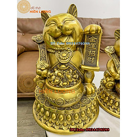 Tượng Mèo Thần Tài Bằng Đồng Ngồi Bệ Tiền Bằng Đồng 3 Cỡ Cao 23cm, 32cm, 39cm - Linh Vật Phong Thủy May Mắn