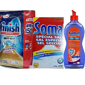 Bộ 3 sản phẩm viên rửa bát finish 150 viên + muối rửa bát 1,2 kg Somat + nuớc làm bóng Somat 500ml