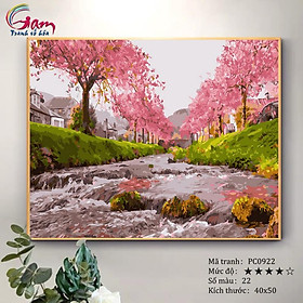 Mua Tranh tự tô màu theo số sơn dầu số hóa Tranh phong cảnh dòng suối hoa anh đào PC0922