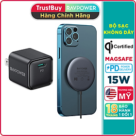 Mua Bộ Sạc Không Dây Mag.Safe Nam Châm Hít 15W RAVPower RP-WC012-WC-B Kèm Củ Sạc Type-C 20W Dành Cho iPhone 14  Cho iPhone 13  iPhone 12 - Hàng Chính Hãng
