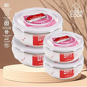 Bộ 4 hộp thủy tinh COBA'COOK hình tròn chịu nhiệt đựng thực phẩm 2 hộp 620ml 2 hộp 400ml - CCR6R44