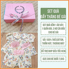 Set Quà Tặng Đầy Tháng Cho Bé Gái Gồm 1 Áo Váy, 1 Quần Đùi, 3 Nơ Đầu