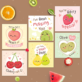 Set 6 thiệp tình yêu, valentine, tỏ tình, cặp đôi SDstationery FRUITY 2x12 minh họa trái cây dễ thương cute thông điệp tiếng Anh vui nhộn