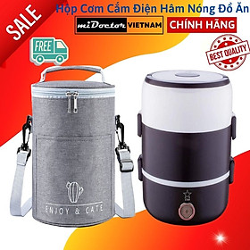 Hình ảnh Bộ hộp cơm điện giữ nhiệt 3 tầng, ruột inox cao cấp miDoctor, cà men hâm nóng thức ăn + Tặng kèm túi giữ nhiệt