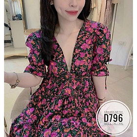 Bigsize 60-90KG vmart Đầm hoa nơ tay D796 hàng Quảng Châu cao cấp chiết eo giấu bụng