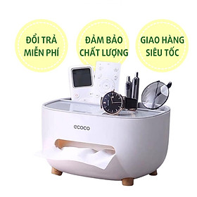 Hộp giấy ăn để bàn Ecoco kèm giá đỡ điện thoại kiêm hộp đựng điều khiển, đồ dùng cá nhân tiện dụng thông minh, chất liệu nhựa ABS cao cấp, chân gỗ chống trơn trượt