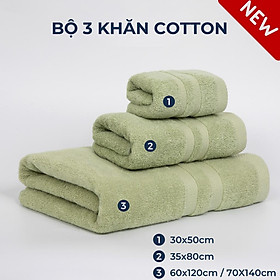 Bộ 3 khăn tắm mặt gội với sợi bông cotton dày thấm hút tốt, không đổ lông, không ra màu