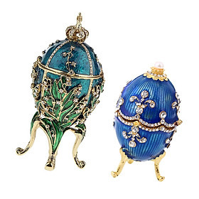 2Pcs Enamel Faberge Easter Egg Jewelry Box Case Beads Ring Storage Container