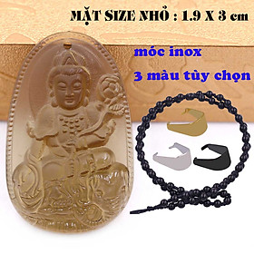 Mặt Phật Phổ hiền đá obsidian ( thạch anh khói ) 1.9cm x 3cm (size nhỏ) kèm vòng cổ hạt chuỗi đá đen + móc inox vàng, Phật bản mệnh, mặt dây chuyền